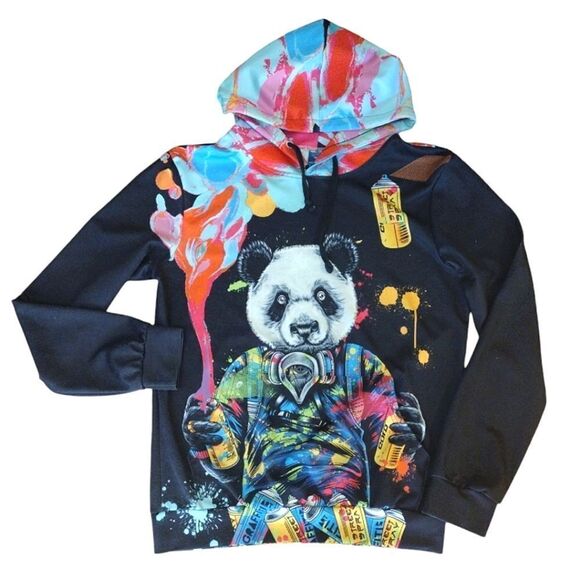 Black Colorful Panda Graffiti Double Print Unisex Hoodie Sweatshirt Mens Med - Picture 3 of 12